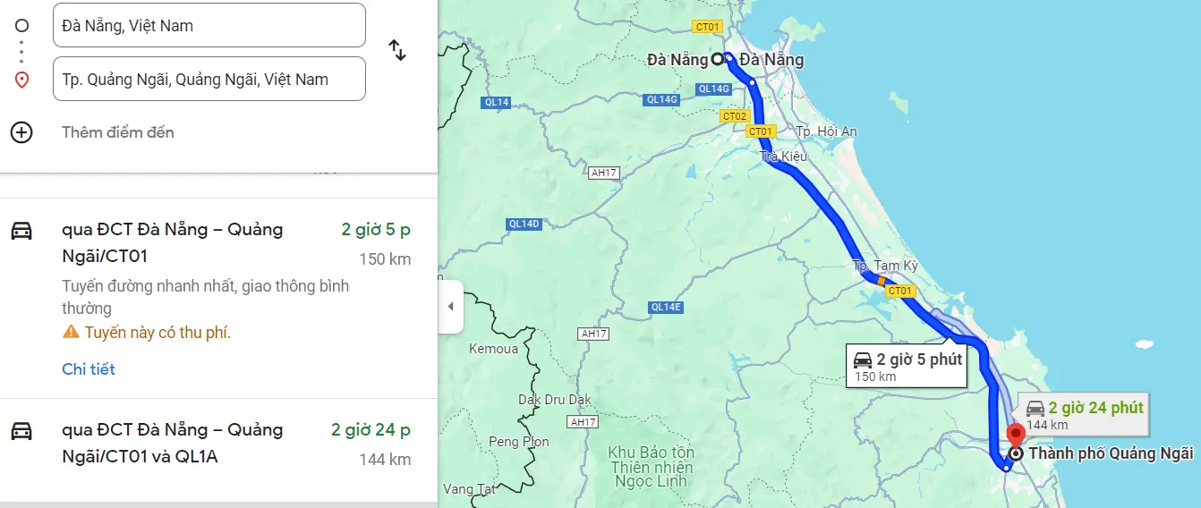 Khoảng cách từ Đà Nẵng đi Quảng Ngãi bao nhiêu km?